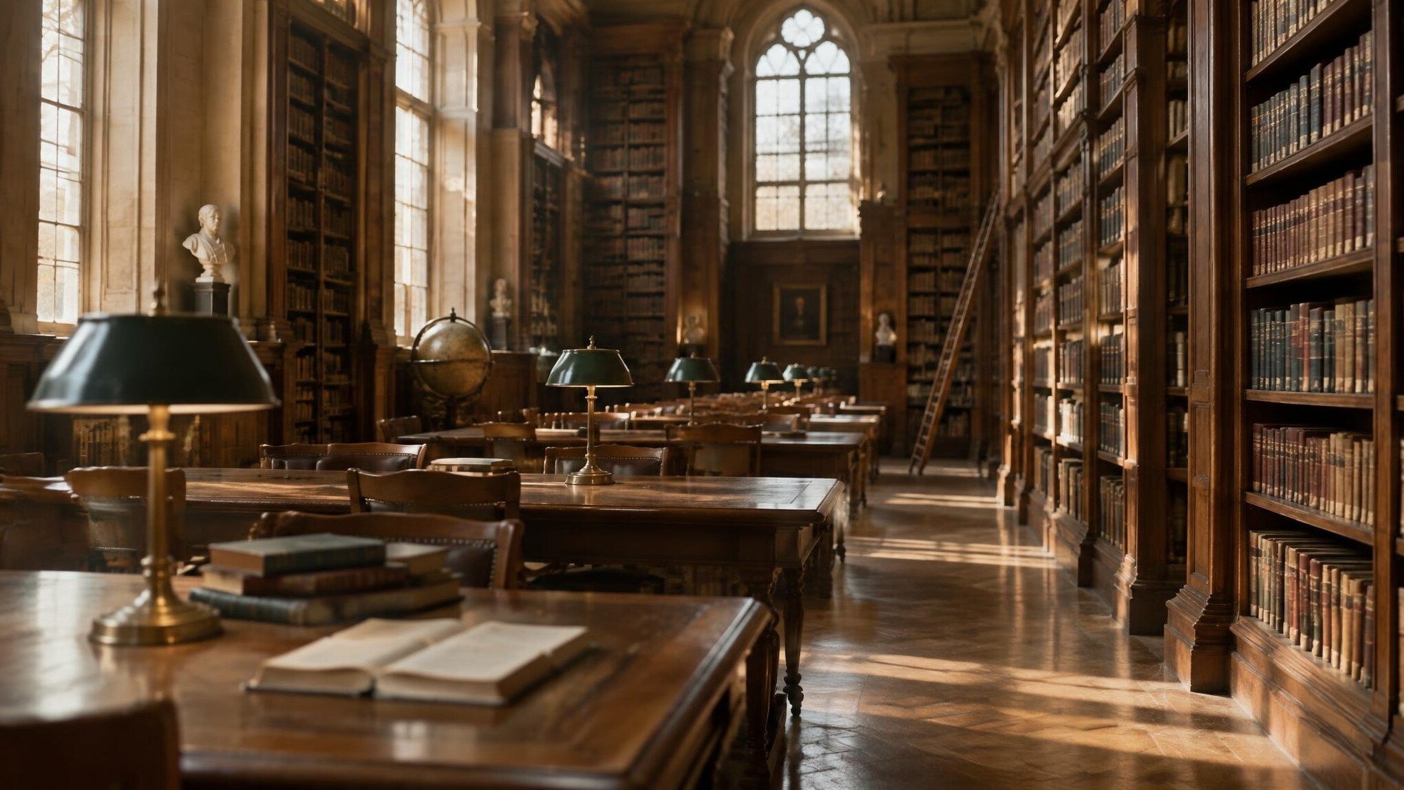 Empty grand library reading room with tall wooden bookshelves and archives