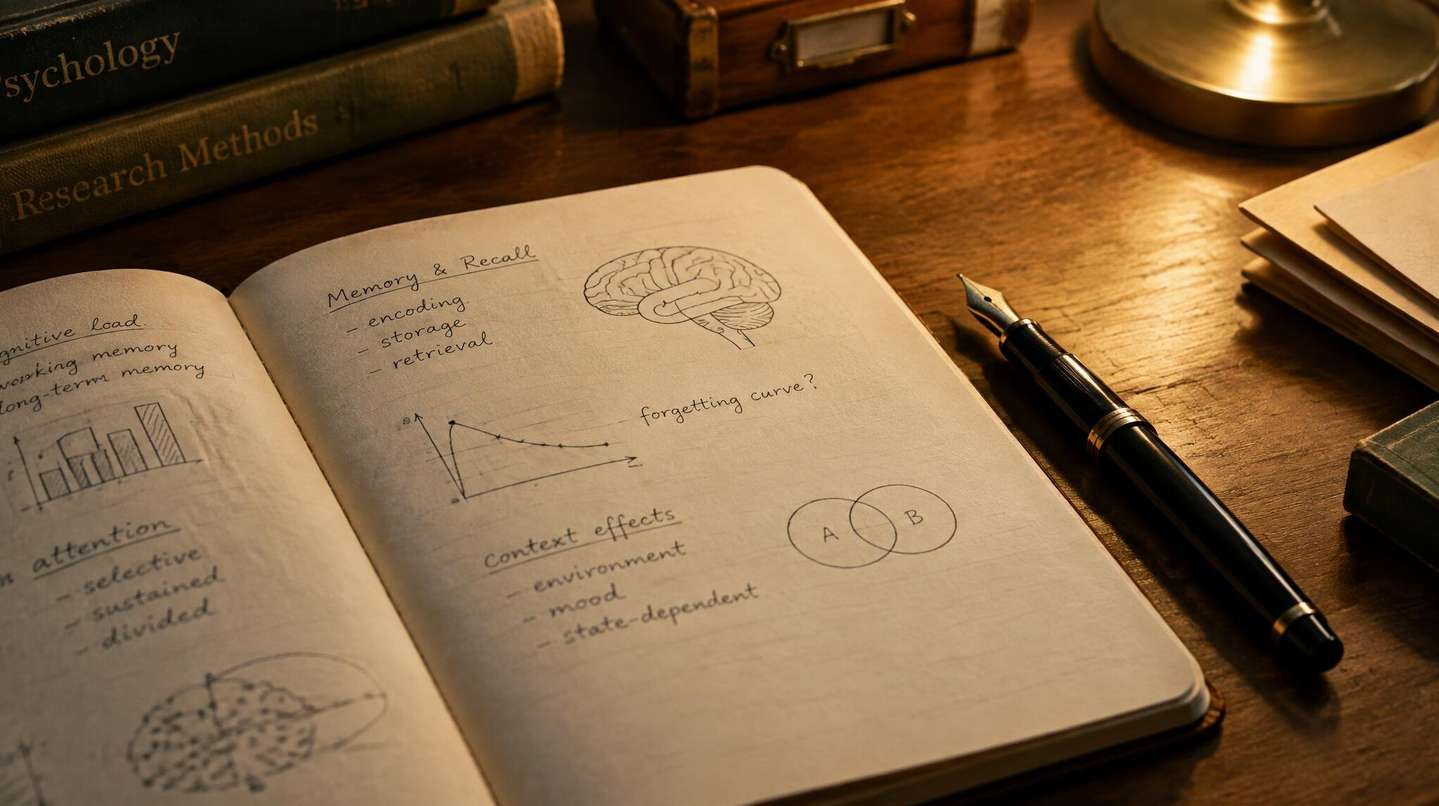 Handwritten research notes and an open notebook on a wooden desk